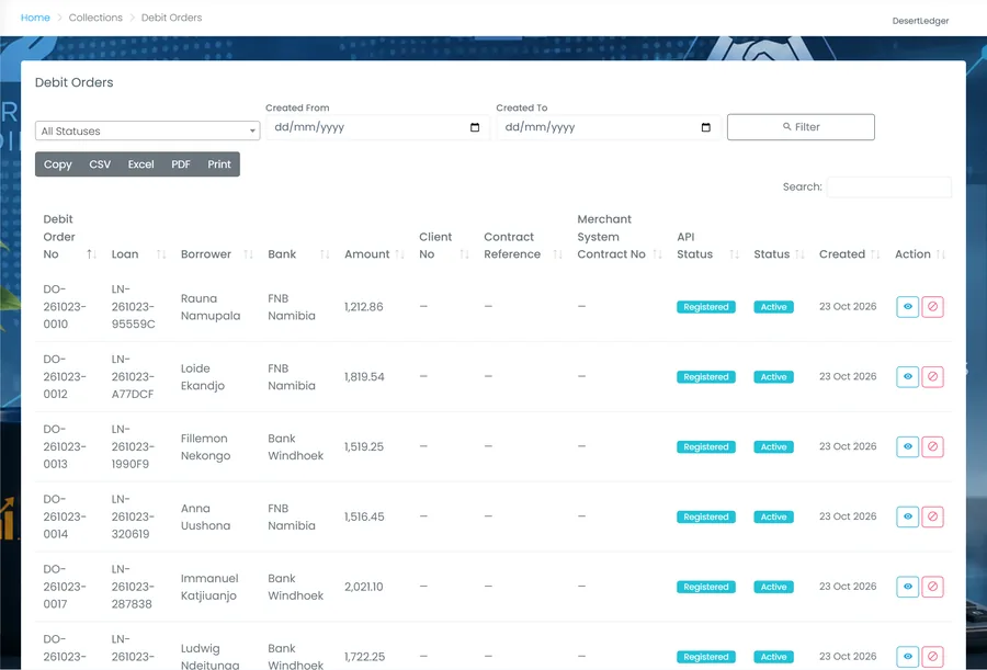 The DesertLedger debit orders list